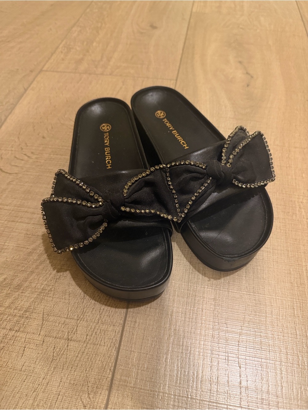 Tory Burch Black Bow Slide Sandals with Stud Trim